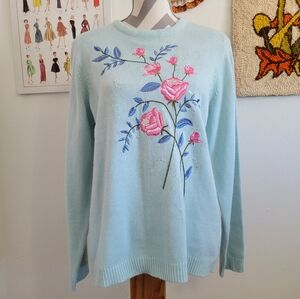 Adrian Delafield | Vintage Mint + Embellished Embroidered Floral Sweater